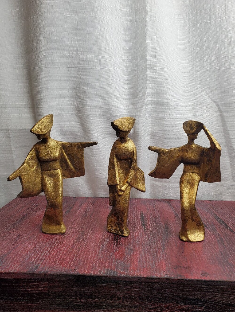 Set Of 3 MCM Awa Odori Geisha Girls Dancers Figurines Cast Iron Gold Finish 7"